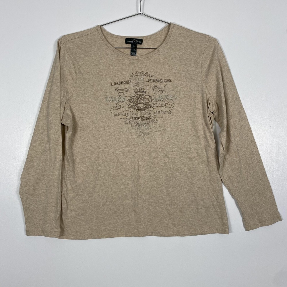 Lauren Ralph Lauren Shirt Womens XL Beige Long Sleeve Graphic Beaded Logo Cotton